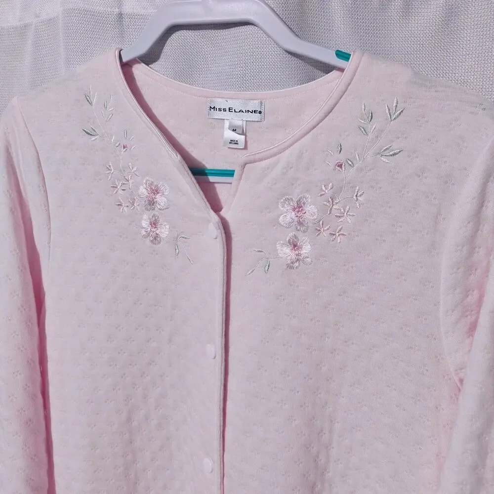 Miss Elaine Housecoat Floral Robe M Medium Pink Snap Muu Muu Warm Nightgown Long